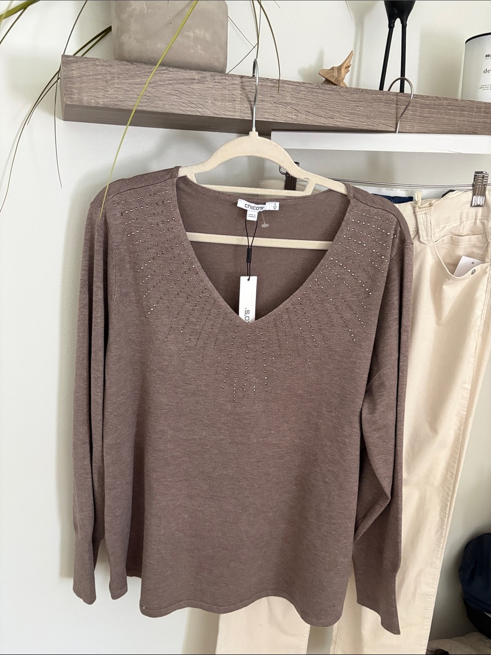 Chico's Brown V-Neck Studded Knit Sweater